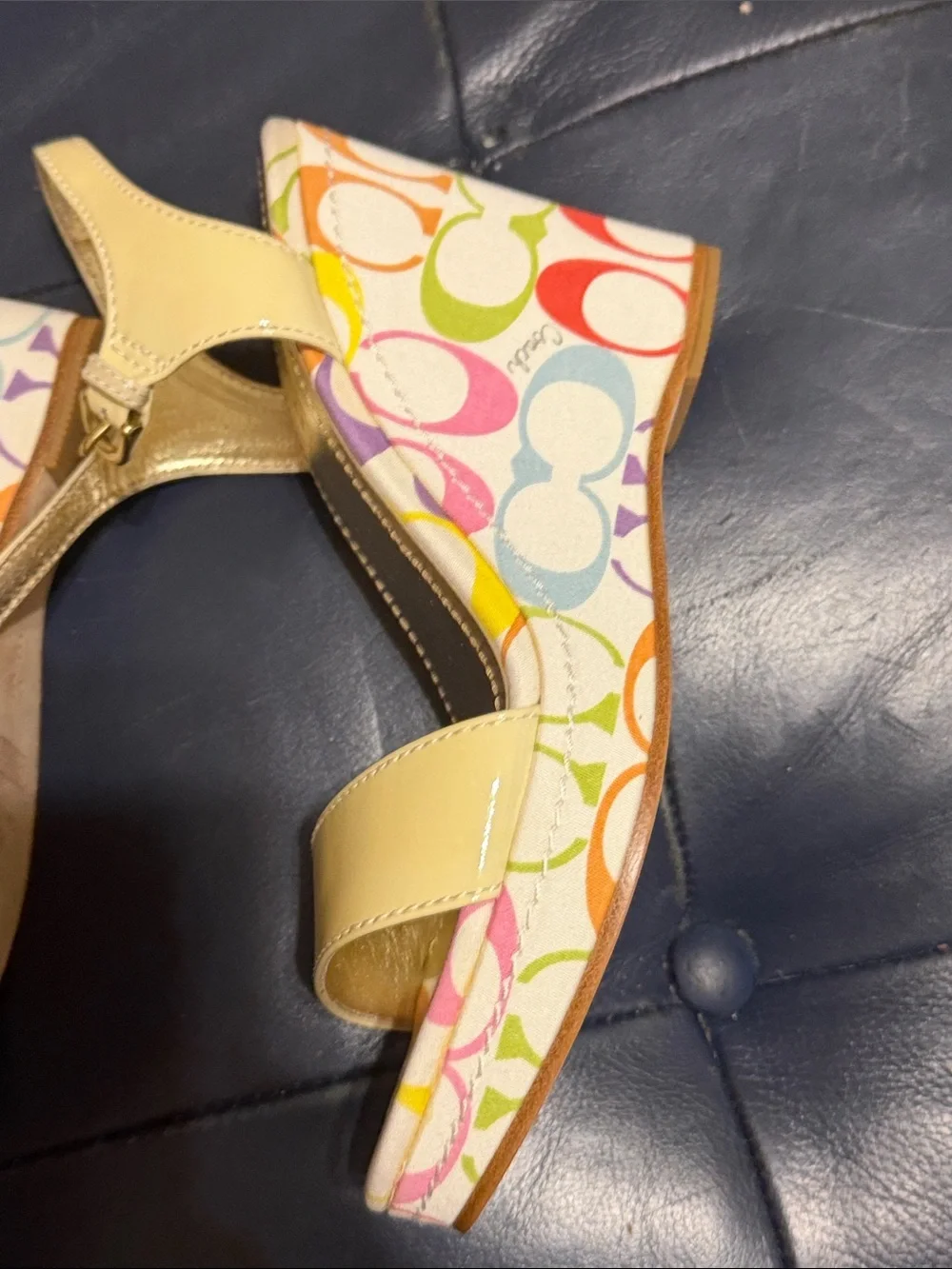 Coach Cream Patent Leather Slingback Sandals with Multicolor Insole